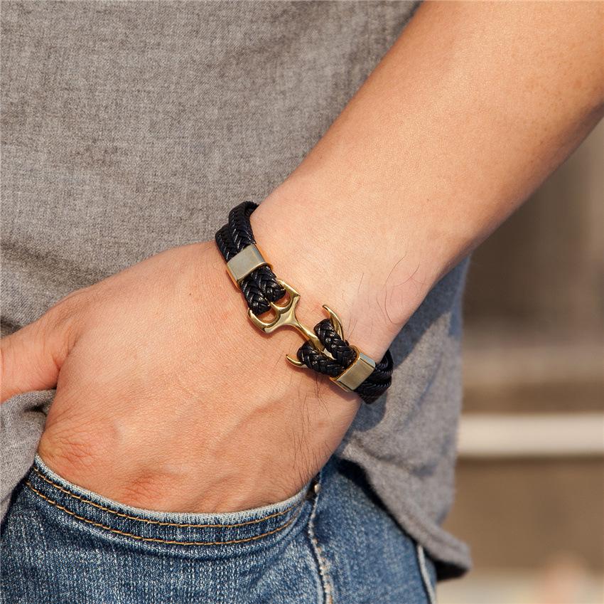 2026 Men's Titanium Steel Bracelet Black Cowhide Braided Anchor Leather Bracelet Leather Rope