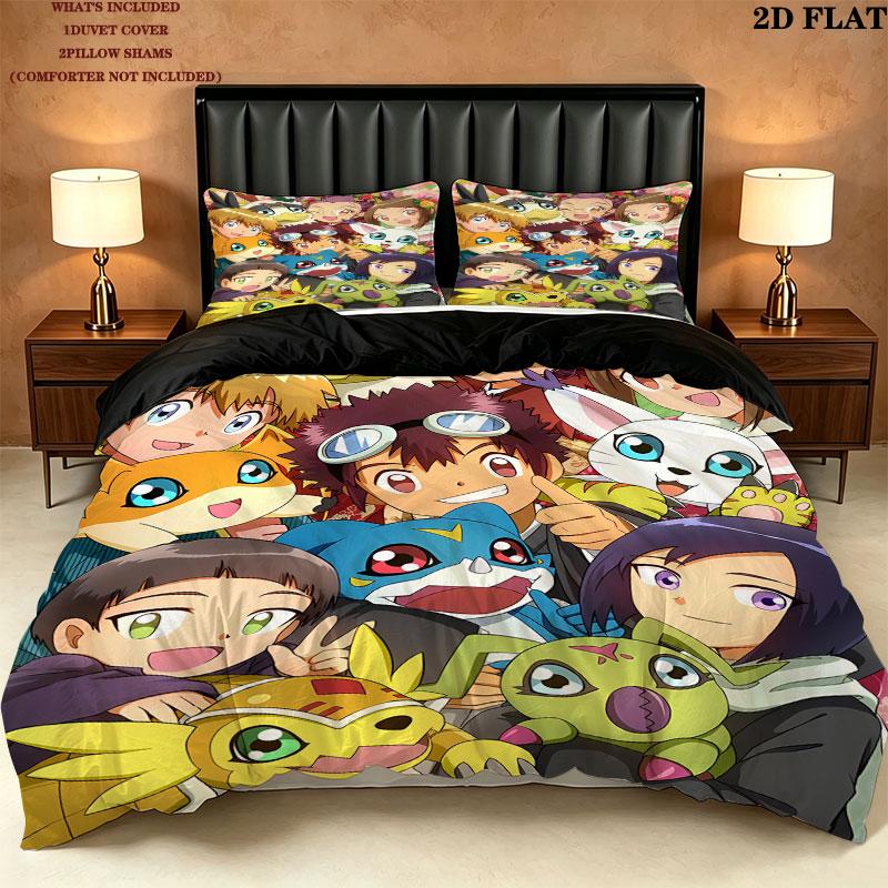 Digimon Adventure Pattern Bedding Quilt Set Quilt Cover Pillowcase Home Birthday Gift(1 * duvet cover + 2 * pillowcase, without core)