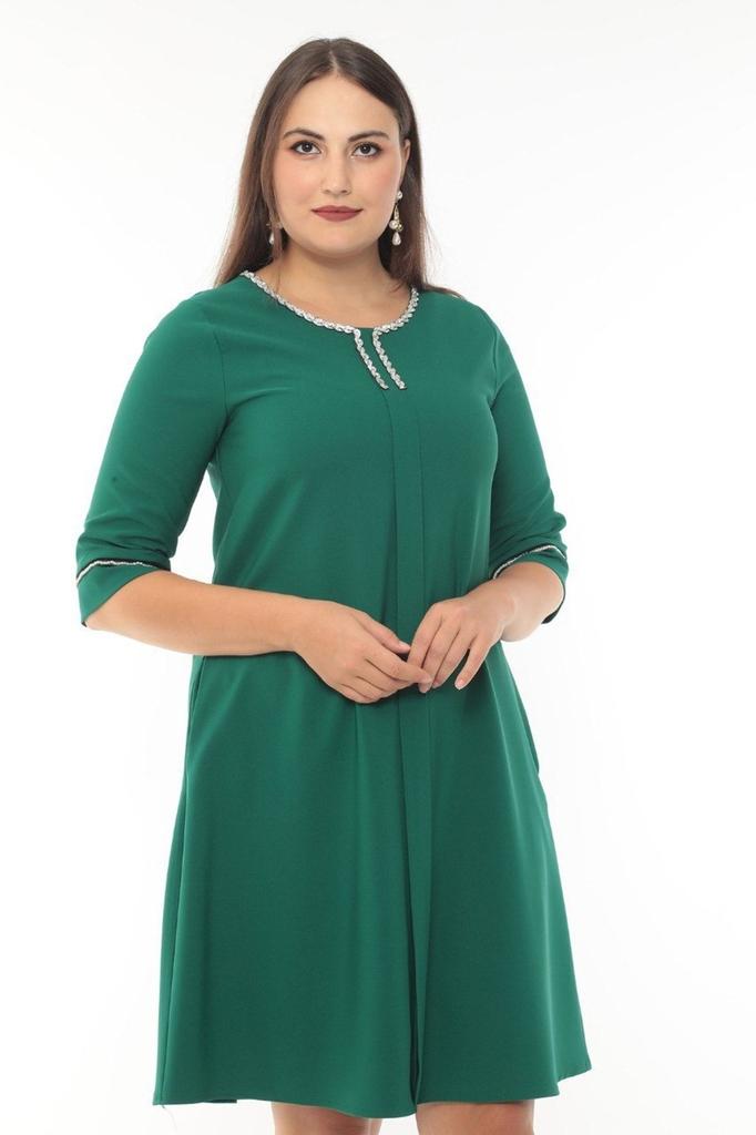 Women's Big Size Dress Plus Size Dress with Collar and Sleeve Stone Accessory Detail
