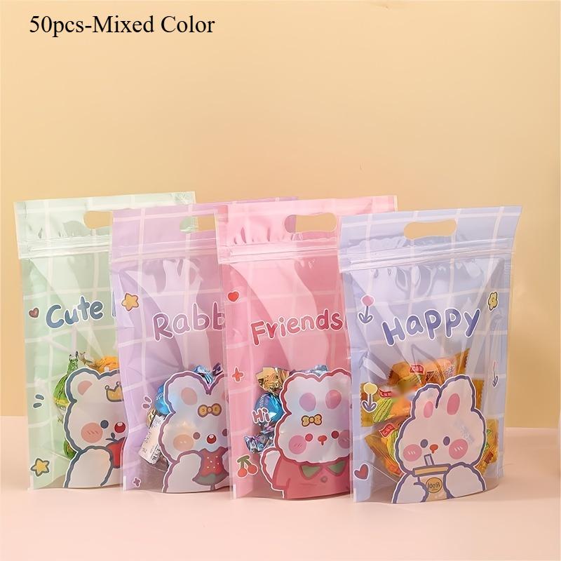 Cute Snack Ziplock Bag Cookie Candy Packaging Bag Party Gift Bag Storage Bag 4Colors Mixed New Year Wedding Party Gift Bag 50pcs