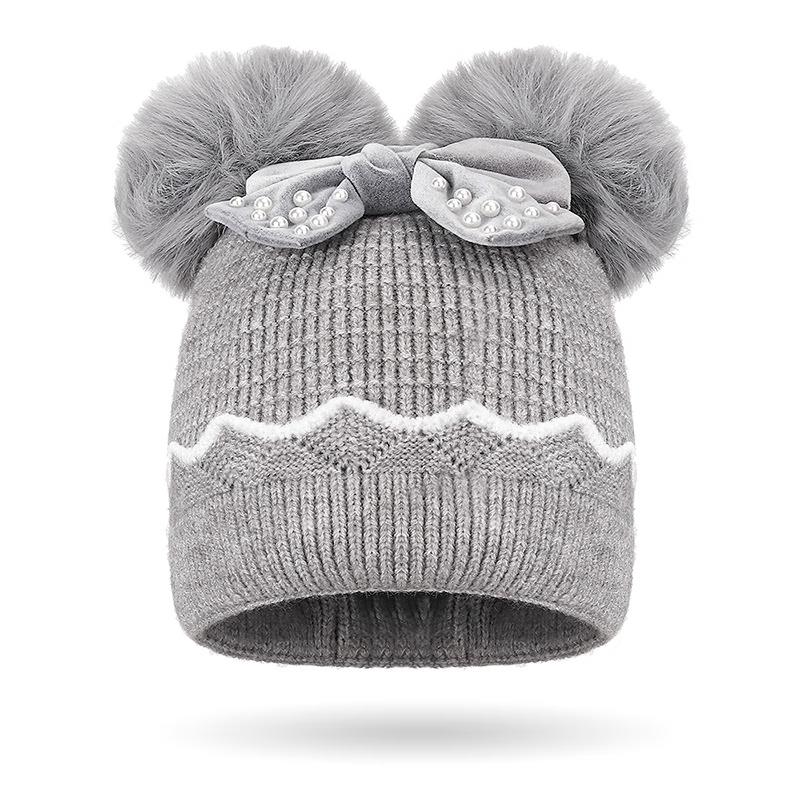 ZHENYUEQI Children s Winter Pearl Bowknot Double Pom-pom Knitted Hat
