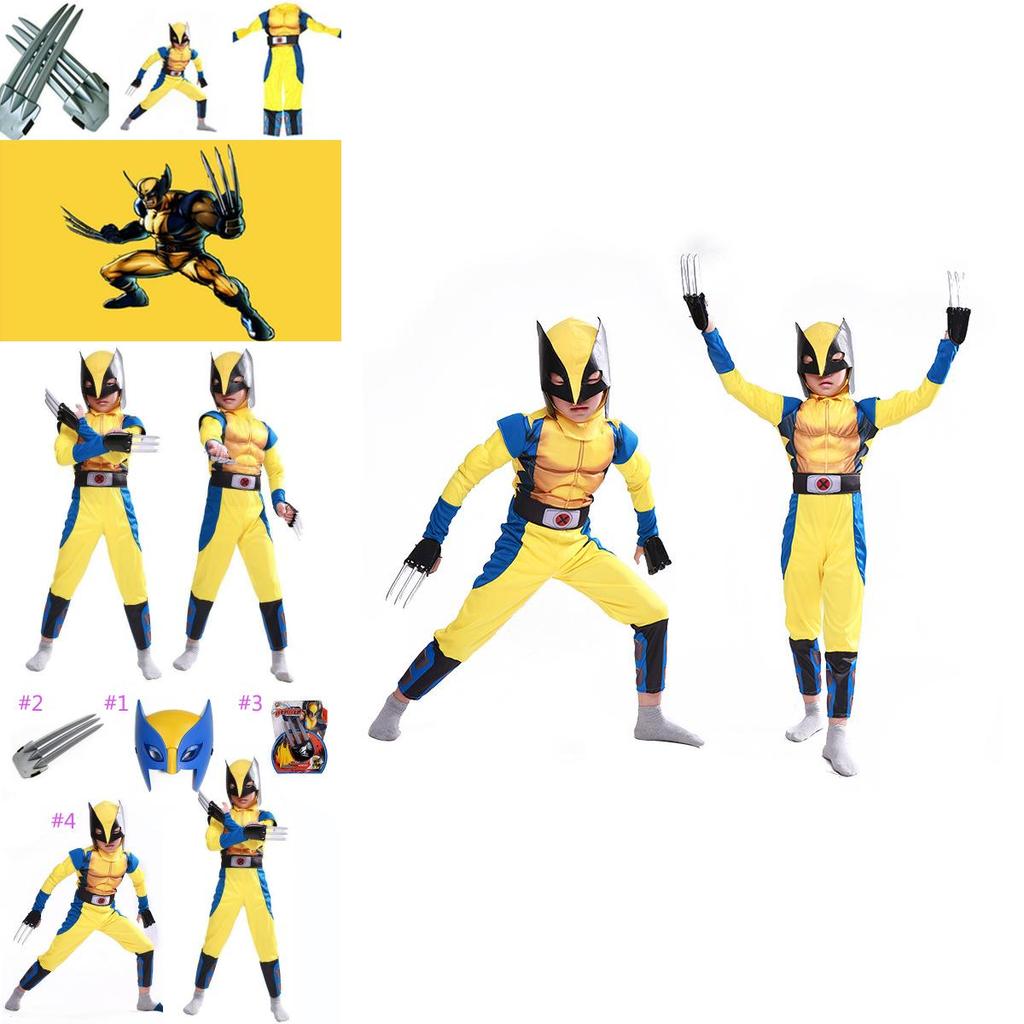 Exquisites blau-gelbes Wolverine-Muskelkostüm für Kinder und Erwachsene, ideal für Halloween-Partys