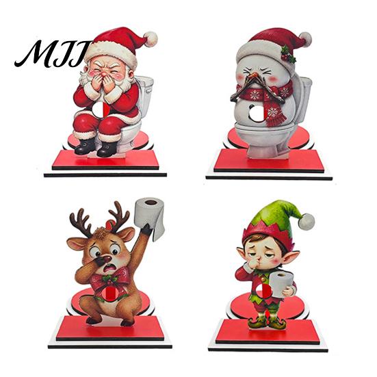 Festive Wood Paper Towel Stand Christmas Holder, Funny Snowman Elf Santa Claus Tissue Holiday Kitchen Countertop Decor Dispenser, Decorative