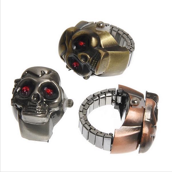 Men's Gothic Antique Silver/Bronze Skull Ring Watch with Ghost Head Design