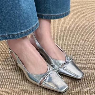 Square Toe Hollow-out Baotou Sandals Women's Summer New Summer Temperament Bow Back Empty Non-slip Low-heeled Shoes