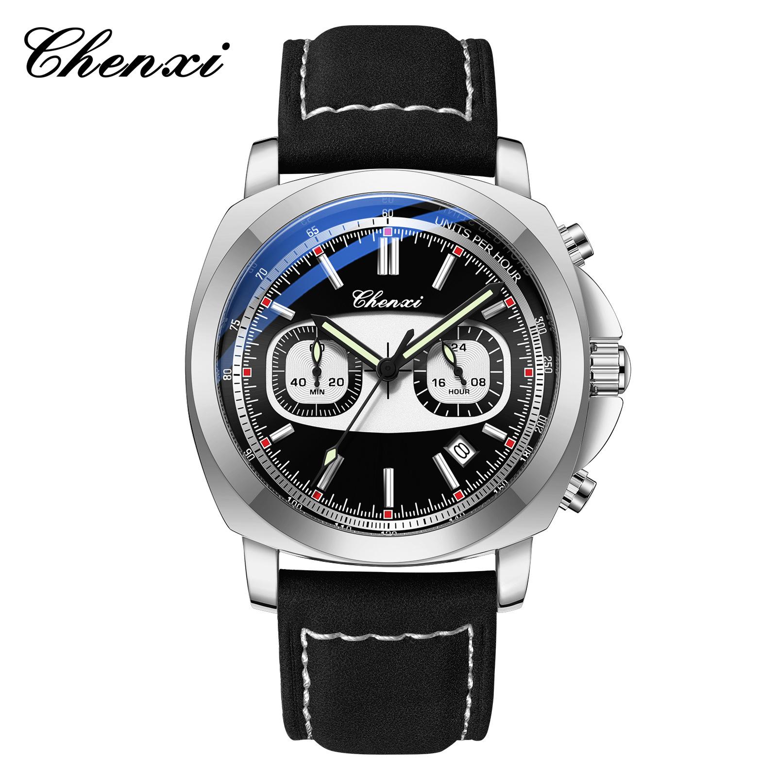 Mens Fashion Wrist Watch Stainless Steel Chronograph Quartz Watches Luminous Dial Calendar Large Face Waterproof Dress Watch Leather серебряный
