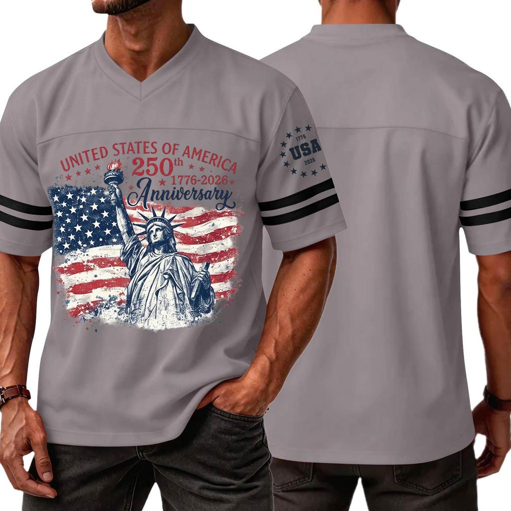 Mens V Neck Short Sleeve Jersey Style T Shirt with States 250th Anniversary Print and Flag Graphic