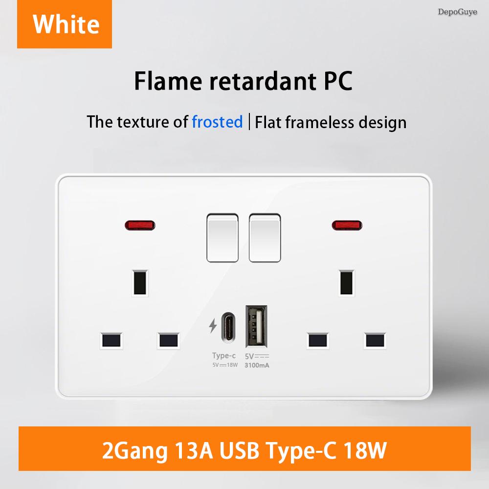 18W Type-C Plug Quick Charging Universal 5-pin Dual Power Socket,UK Standard 13A Wall Socket with DC 5V 3.1A Type-c USB Charger