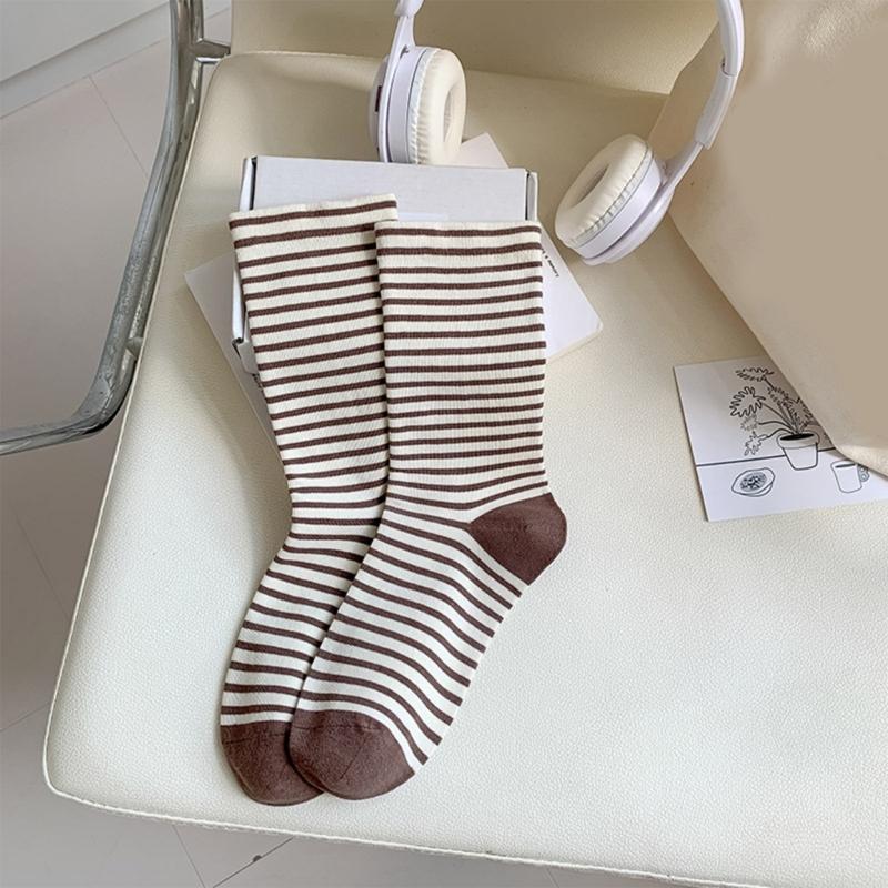 Womens Japanese Korean Cotton Middle Calf Socks Elegant College Style Casual Multicolored Striped Crew Socks Streetwear