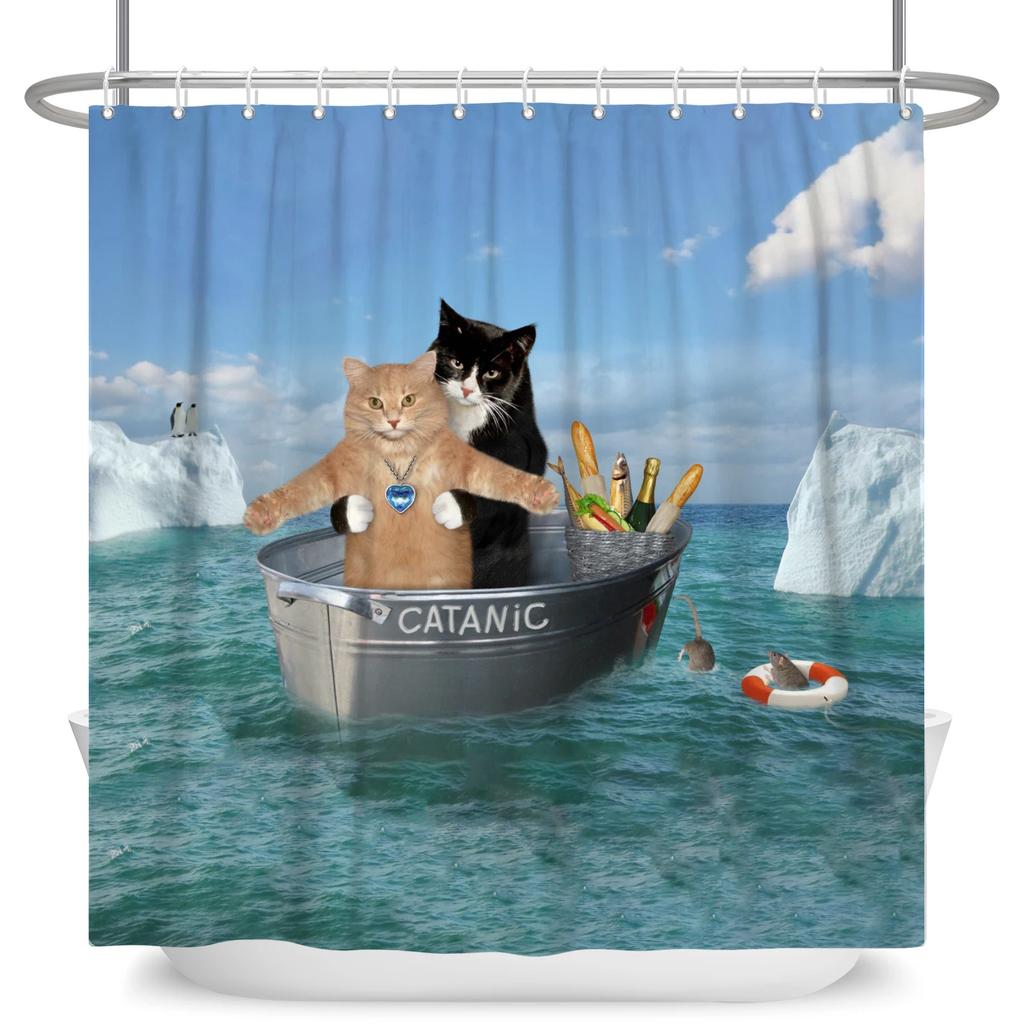 Hrdinský Velký bílý žralok s pistolí Kočka Vtipný sprchový závěs Pro kryt vany Kryt koupelny Koupání Extra velký Široký 12 ks háčků