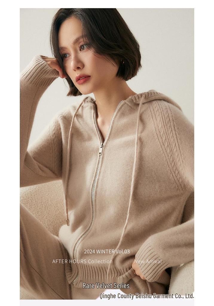 2024 Autumn-Winter Women's Cashmere Hooded Cardigan Knitwear Top