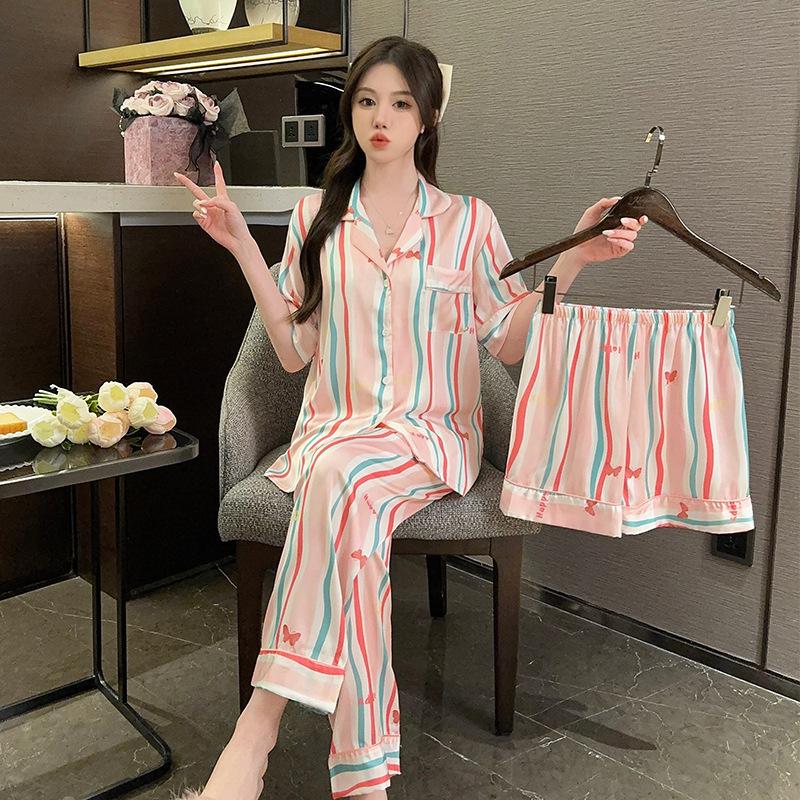 Color striped v-neck thin ice silk pajamas three-piece women's short-sleeved shorts trousers summer casual loungewear
