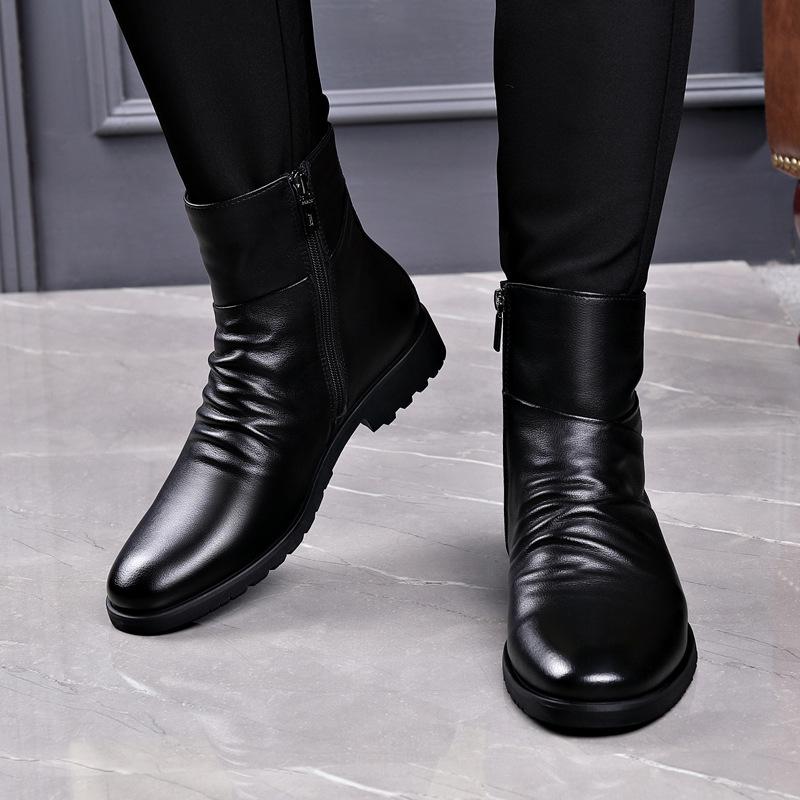 Men's Winter Casual Mid-High Martin Boots: Soft Leather, Comfortable, Fashionable, Side Zipper, Plus Velvet.