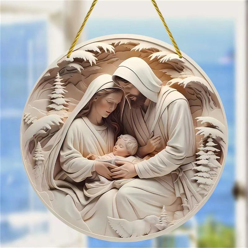 15CM Acrylic Round Jesus Christmas Hanging Ornament Flat Visual Design Creative Home Decoration Wall Door Pendant Holiday Decor
