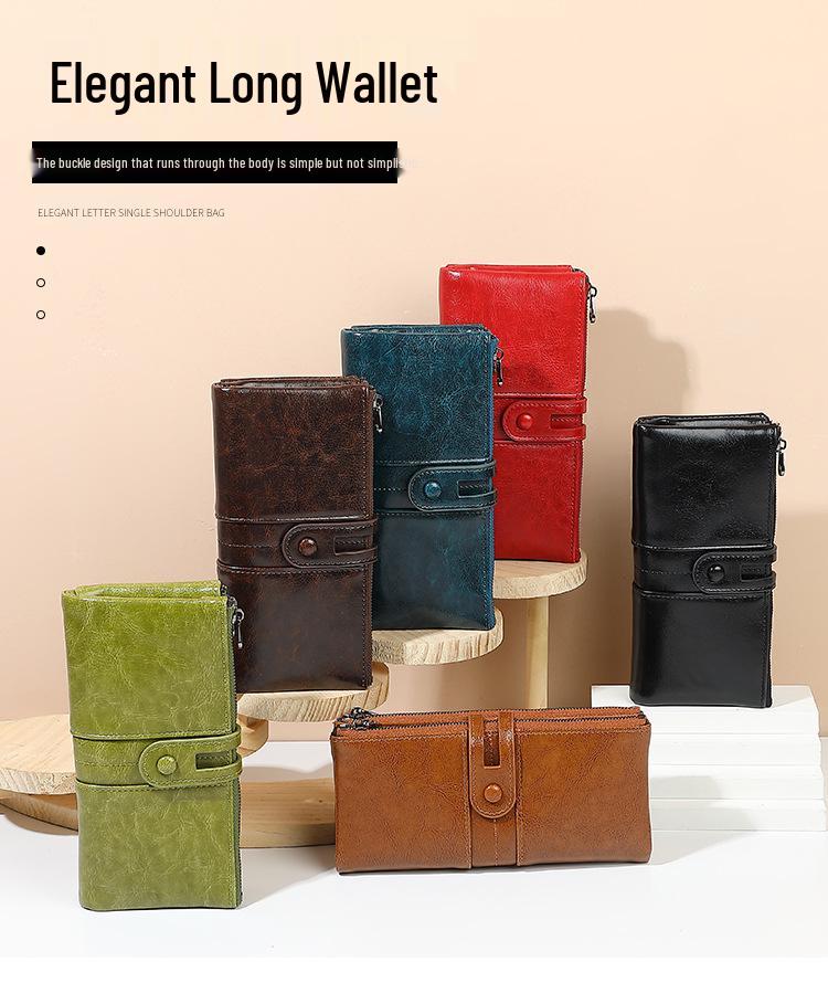 2025 RFID-Blocking Anti-Magnetic Women's Retro Oil Wax Leather Clutch/Long Wallet.