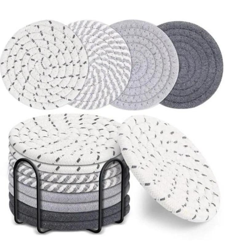 

1 набор подставок под напитки с подставкой, минималистское хлопковое плетение, набор впитывающих подставок, для украшения дома, защиты рабочего стола (8pcs holder) 1 Set серый