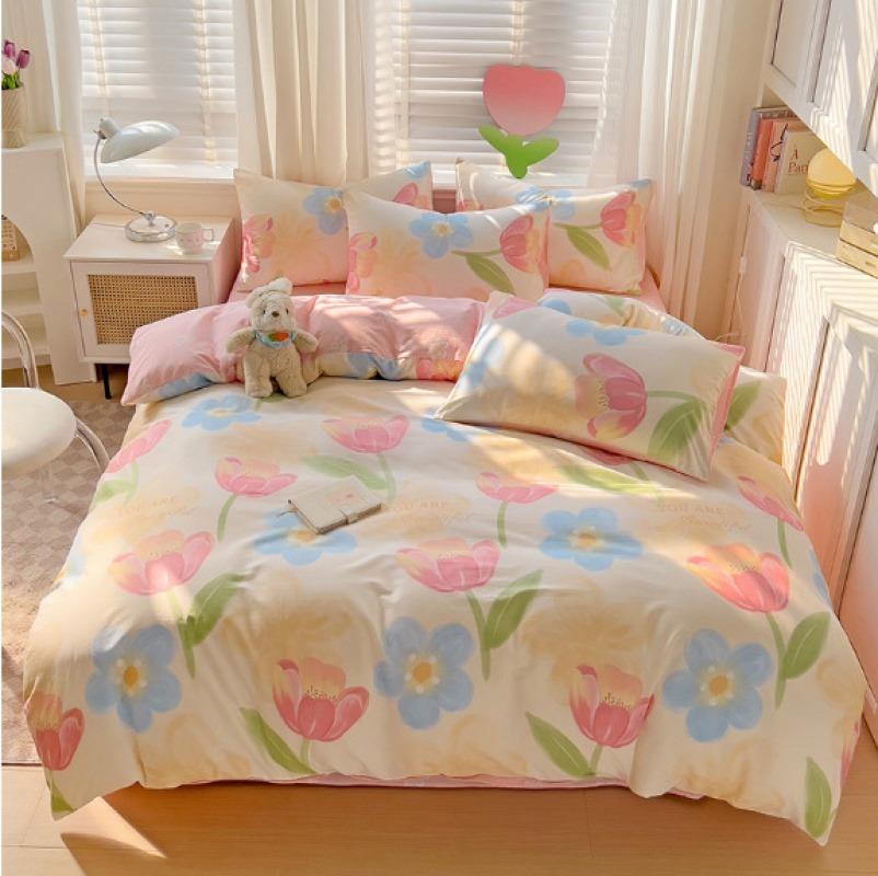 Multiple Size 100% Cotton Duvet Cover and Pillowcases Set for Bedroom Decoration Purple Flower Printed Plaid Duvet Cover Sets