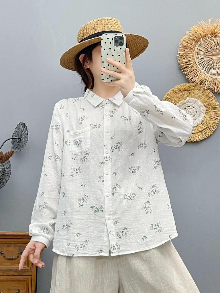 Women's Floral Print Double-Layer Cotton Gauze Long Sleeve Plus Size Shirt: Stylish, Age-Reducing, Loose Fit for Spring and Autumn