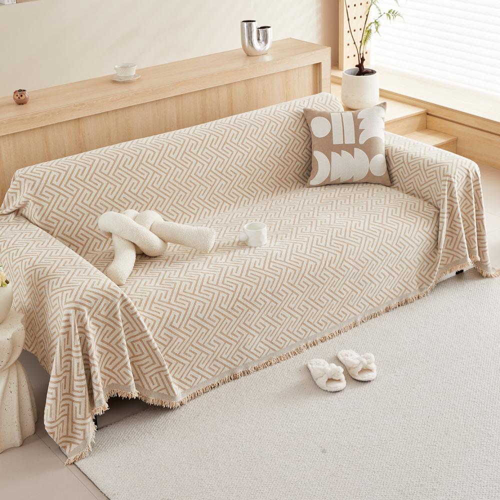 Simple Line Pattern Sofa Towel Cover, Reversible Chenille Sofa Cover, Living Room 3-Seater Sofa Cover Four Seasons Universal