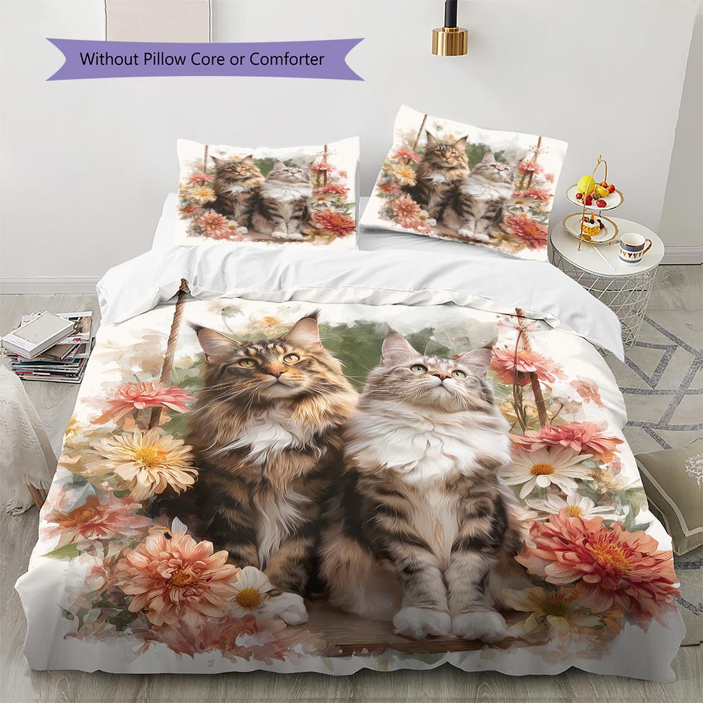 Cute Maine Coon Pattern Bedding Home Decoration Birthday Gift (1 * duvet cover + 2 * pillowcase, without core)