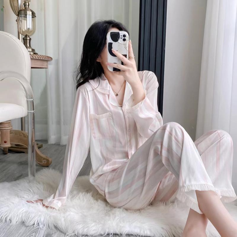 New women's ice silk striped long-sleeved trousers pajamas set cardigan Korean version of high-end simple loungewear