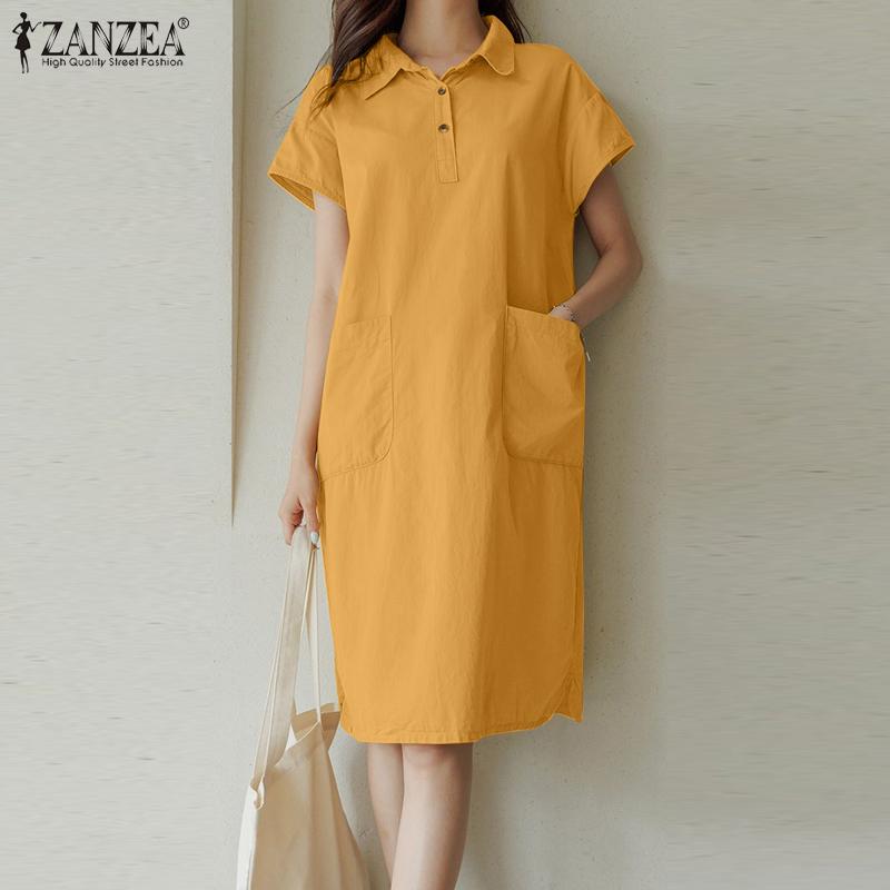 

ZANZEA женское летнее повседневное свободное платье-рубашка с коротким рукавом с отложным воротником