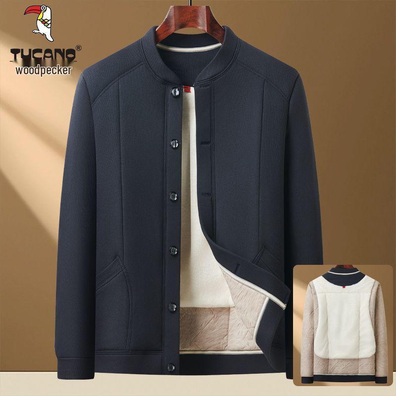 Woodpecker Men's Winter Velvet-Lined Cotton Jacket for Middle-Aged and Elderly