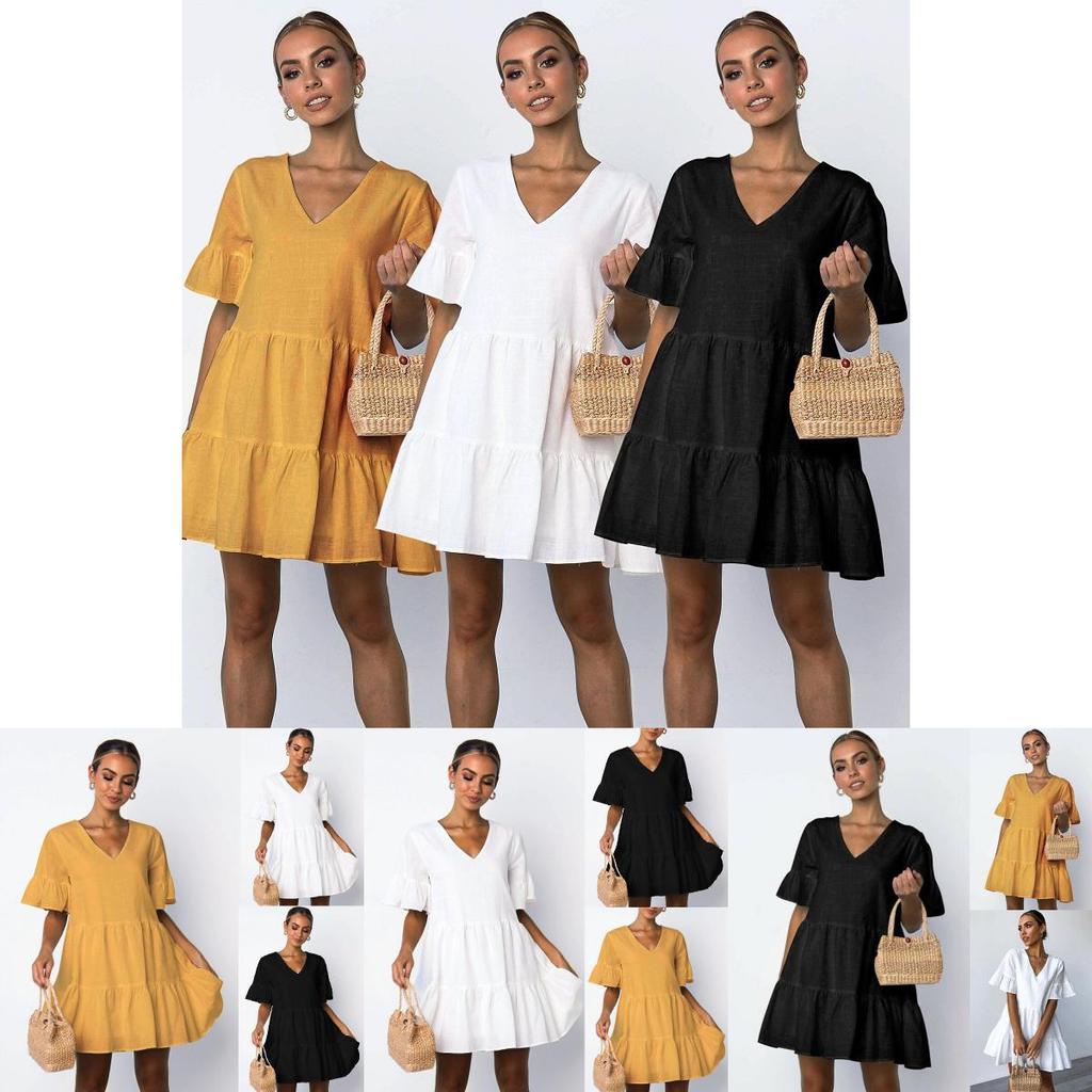 Elegant Women V-neck Plain Smock Dress With Loose Fit And Short Sleeve Design