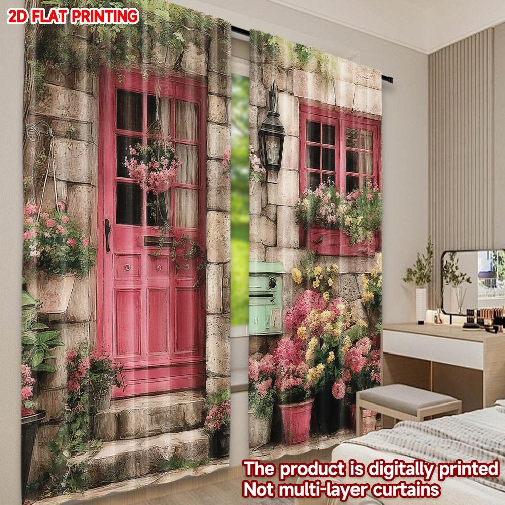 Set Of 2 Pink House Floral Curtains Digital Printing Stone Wall Colorful Flowerpots Blue Door Window Cozy Bedroom Decor Curtain Polyester Perfect For