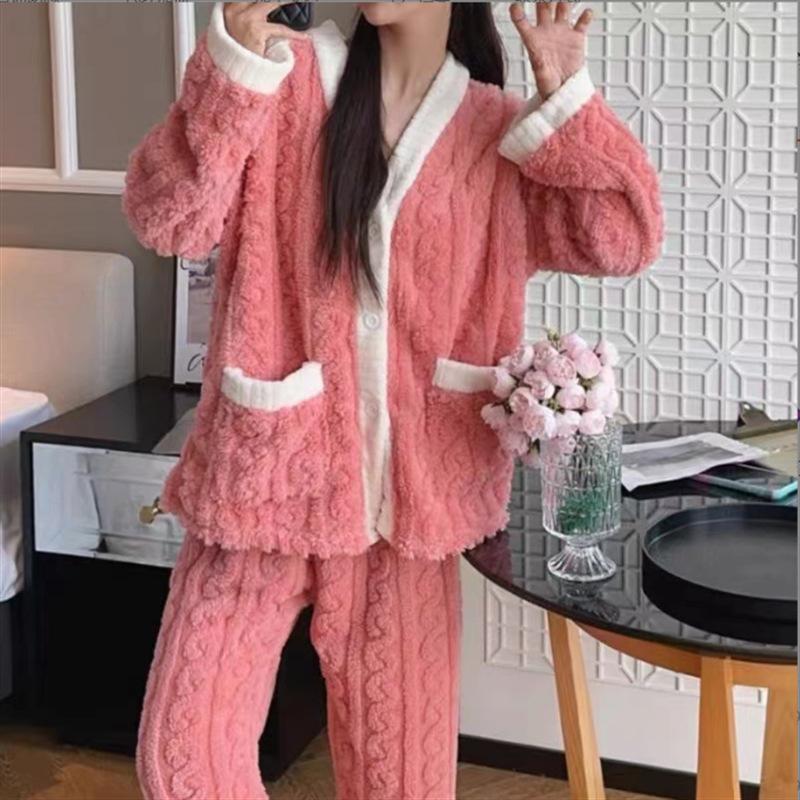Autumn Winter Women's 2 Piece Set Pajamas Women Thickened Padded Warm Students Coral Clot Velvet Suit Homewear Cardigan Trousers
