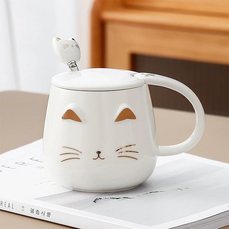 High-Value Creative Cat Mug Ceramic Cup With Lid Spoon Coffee Cup Three-Dimensional Relief Cat Ears Black Pink White Ceramic Cup