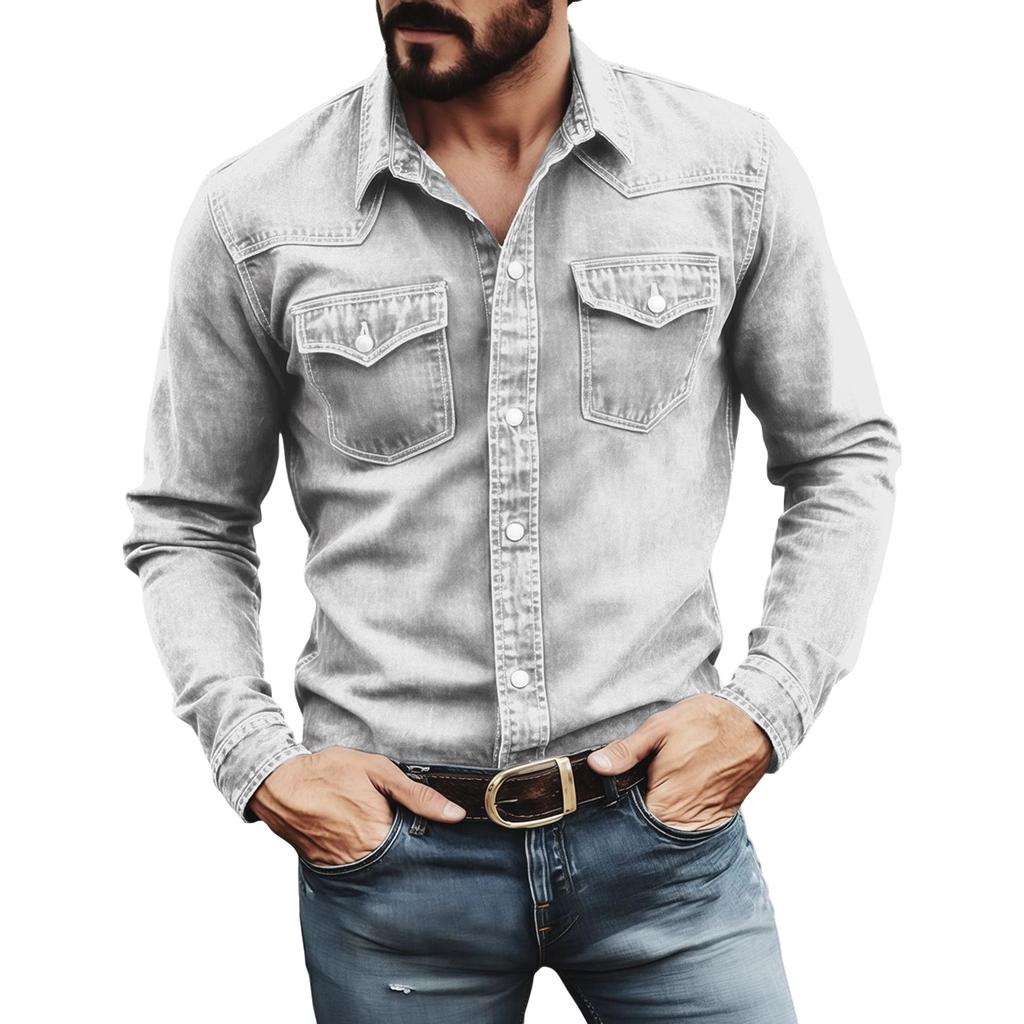 Men's Color Casual Loose Button-Down Collar Faux Pocket Long-Sleeved Shirt