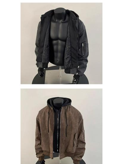 Stilvolle Herren-Kapuzenjacke aus gewaschenem PU-Leder - Robust, Fake-Zweiteiler-Silhouette, Maillard-Farbe.