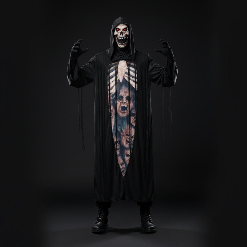 Tattered Skeleton Robe Costume Full-Length Skeletal Print Halloween