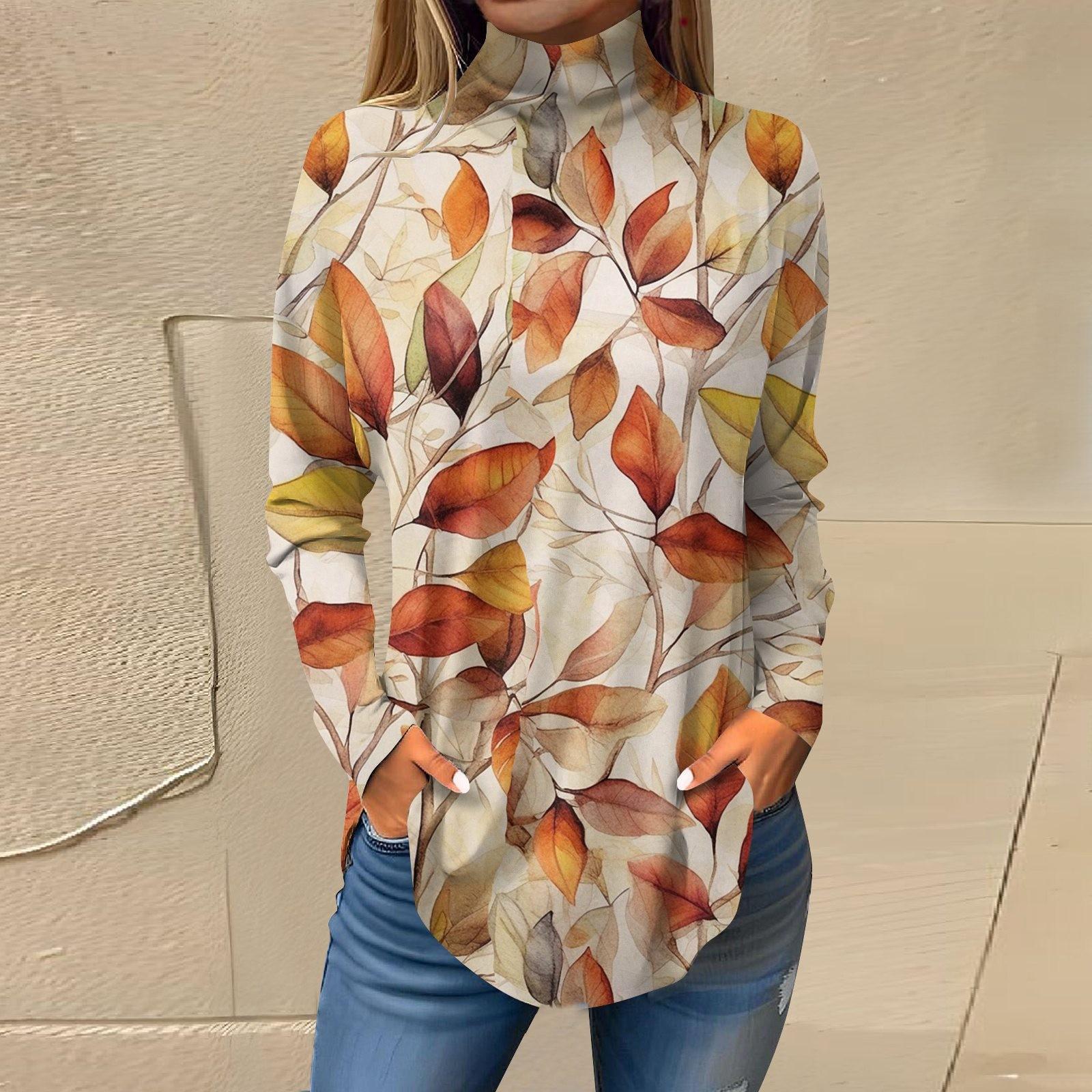 

Женская свободная футболка с высоким воротом и длинными рукавами с цветочным принтом в стиле ретро, топ-пуловер L оранжевый