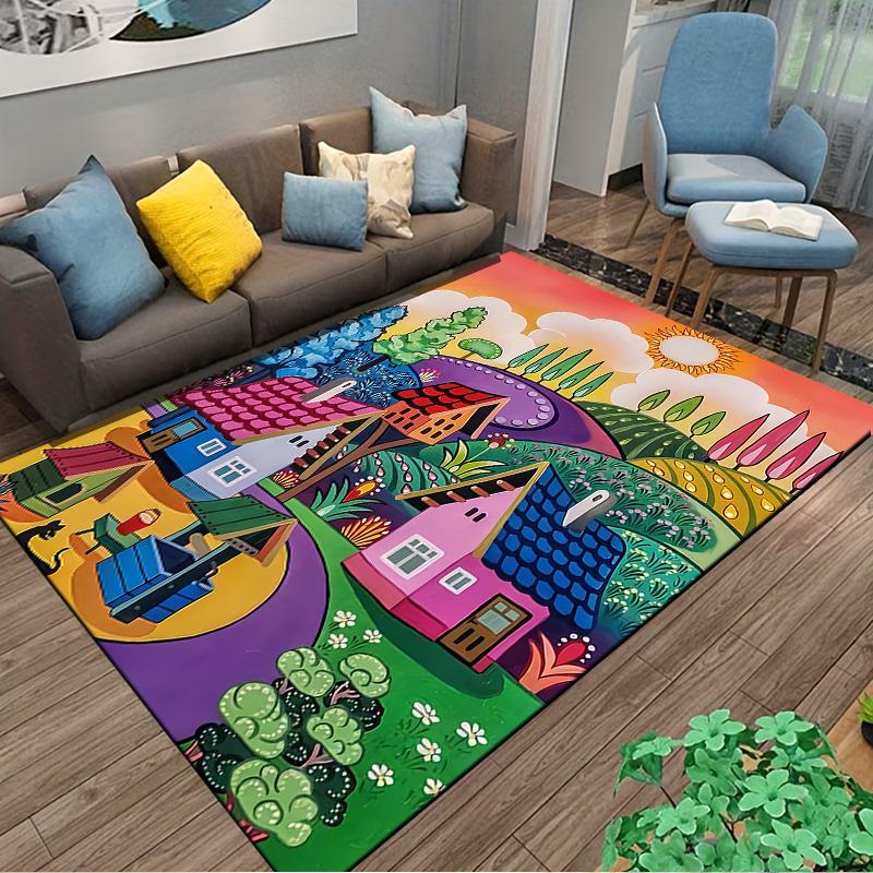 Colorful Fairy Tale Village Landscape Printed Carpet Rug Decor Suitable for Use As an Anti-slip for Living Room Bedroom Sofas