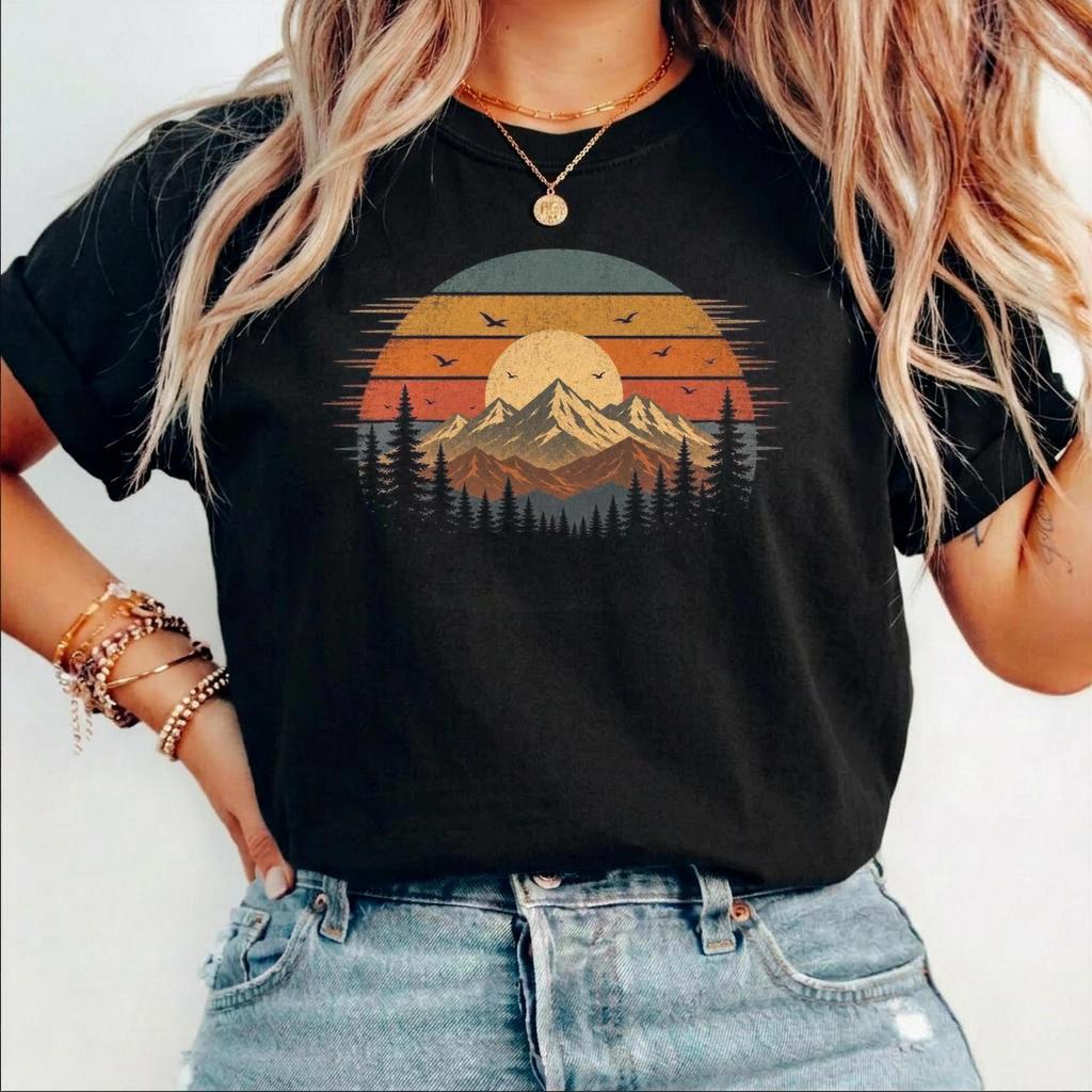Casual Retro Sunset Mountain Tshirt Wornout Natural Pattern Tshirt Nostalgic Adventure Shirt Hiking Camping Outdoor Gift