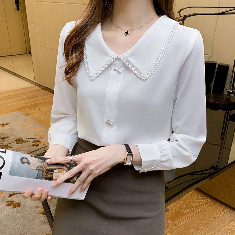 Blue Shirt Chiffon Doll Collar Top Long Sleeved Spring and Autumn Women's Shirt