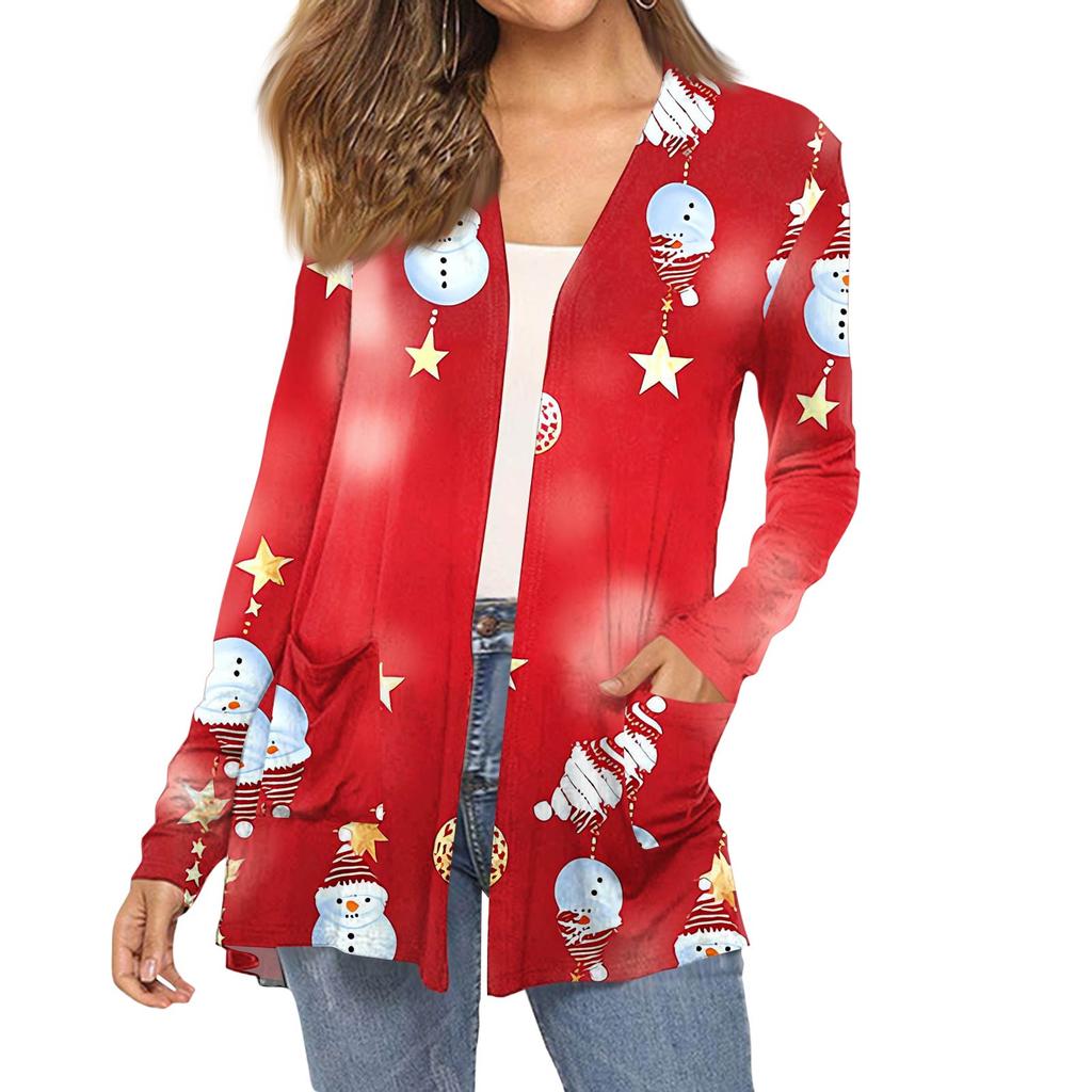 Dámský módní vánoční potisk dlouhý rukáv kapsy slim fit kardigan kabát