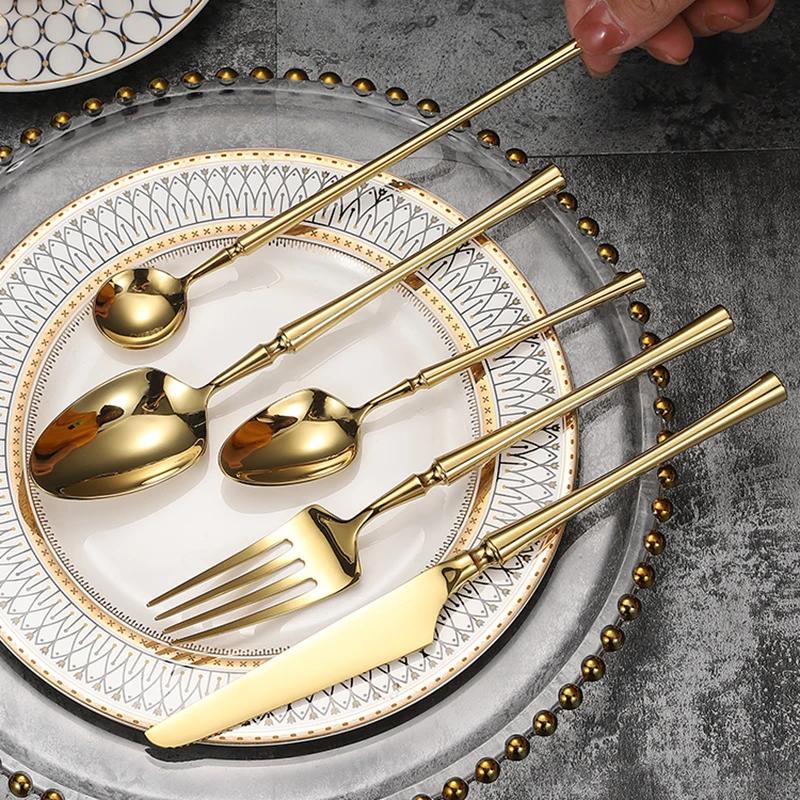 Bright Gold 18/10 Stainless Steel Luxury Cutlery Dinnerware Tableware Knife Spoon Fork Chopsticks Flatware Set Dishwasher Safe