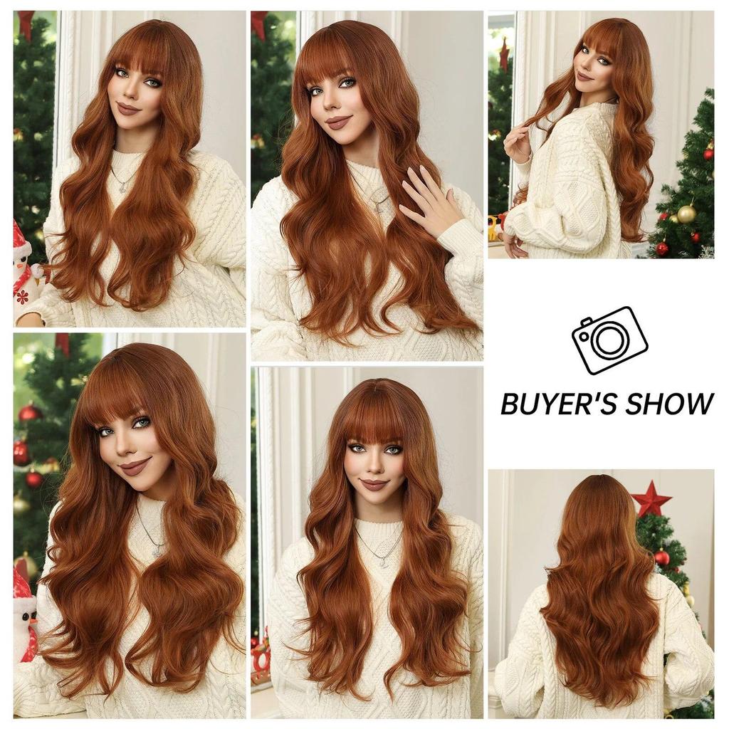 LOUIS FEREE Long Wavy Wig With Bangs Red Brown Ginger Copper Synthetic Wigs for Women Natural Wave Curly Wigs Heat Resistant Hair for Daily