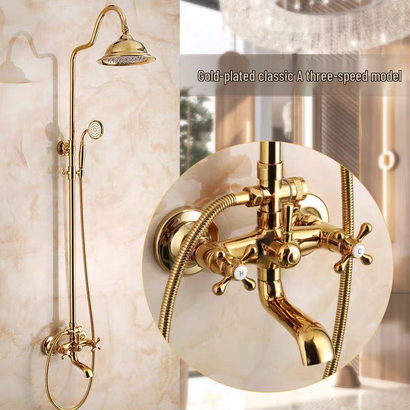 French Retro Full Copper Gold Shower Head Set with Hot and Cold Faucet