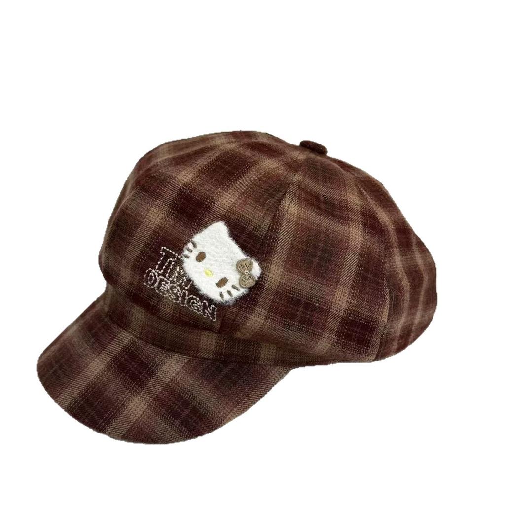 Autumn and Winter Versatile Face Small Plush Embroidered Newsboy Hat Retro Plaid Kitty Cat Adult Octagonal Beret