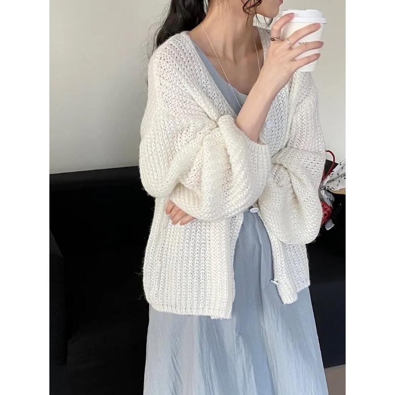 

DIMANAF 2025 Весенний однотонный кардиган для женщин, однотонные свитера, вязание, базовая мода, свободный свитер с круглым вырезом One size бежевый