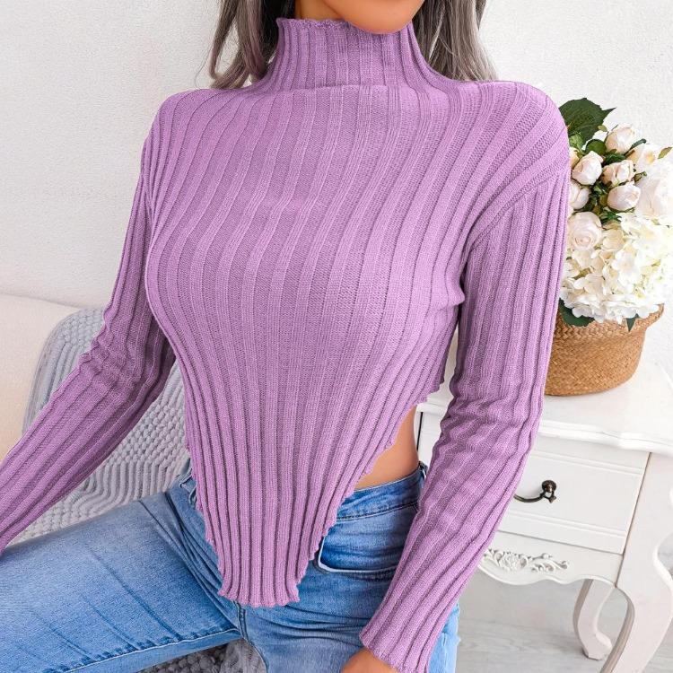 Sexy Women Asymmetrical Knit Sweater Long Sleeve Half High Collar Undercoat Autumn Winter