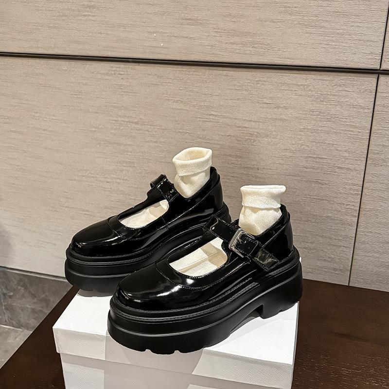 Popular Fashion Single Shoes One-word Buckle Small Leather Shoes Black Retro Round Head Platform Mary Jane Shoes Women's Spring 2025