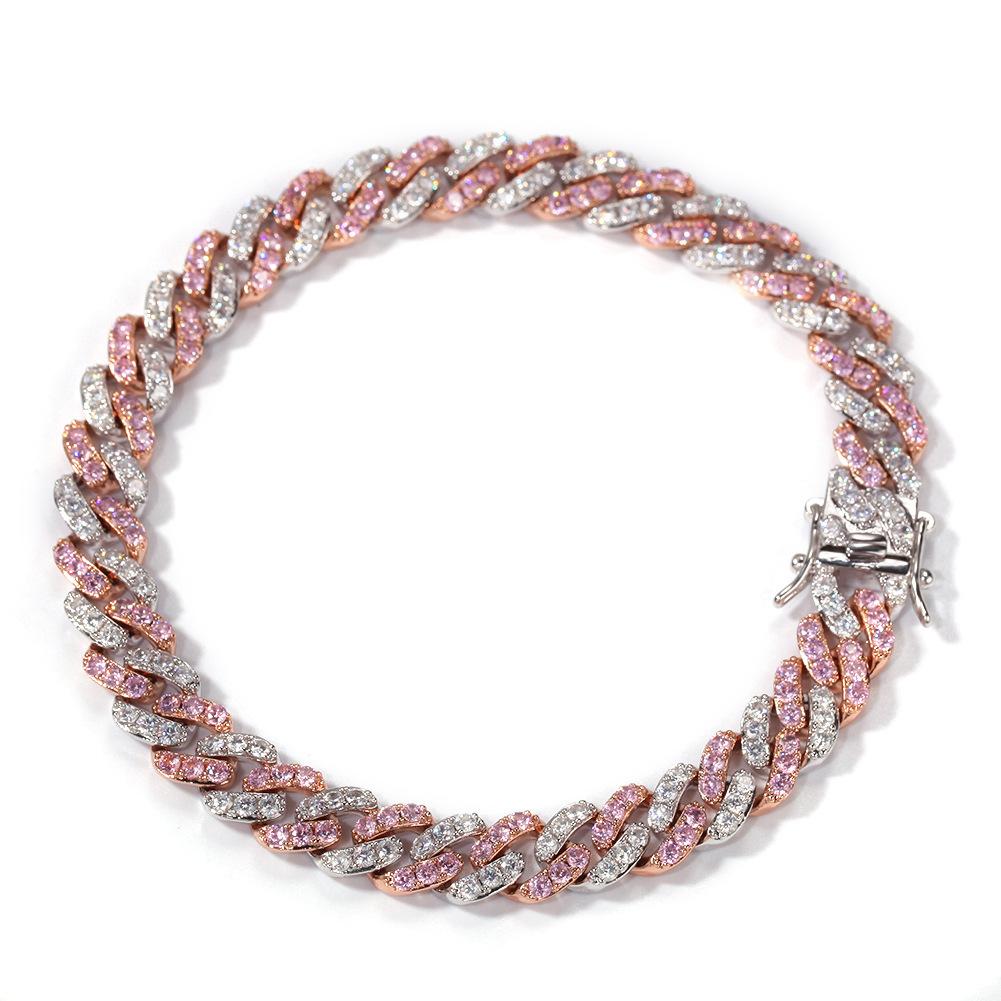 9mm 8.5inch 9inch 9.5inch Wholsale Ladies Anklets Silver Pink Gold Plated Diamond Custom Zirconia Anklet Brass Cuban Link Chain