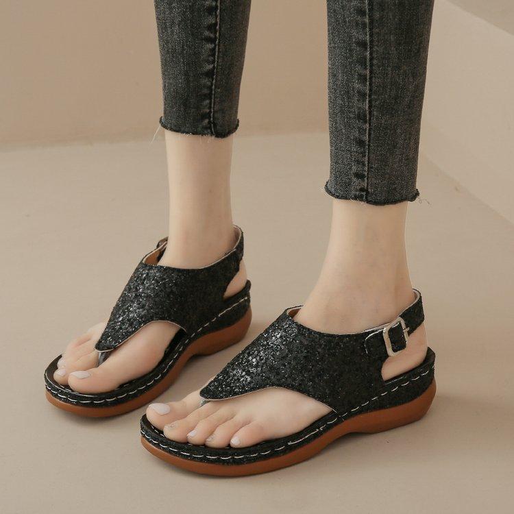 Foreign trade herringbone sandals summer new thick-soled wedge heel toe women's shoes buckle casual sequins retro large size sandals