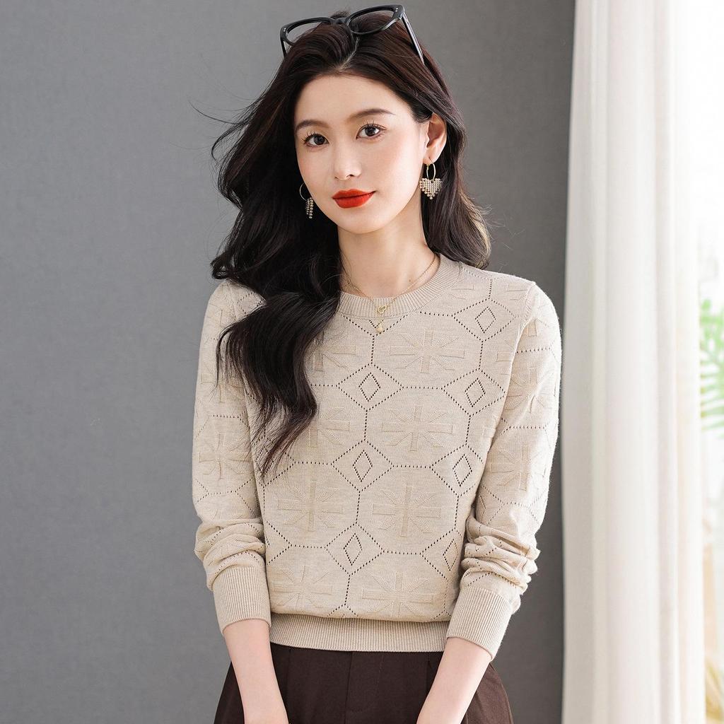 Women's Wine Red Versatile Round Neck Long Sleeve Knitted Sweater - Loose Fit and Slimming Fashionable Inner Wear