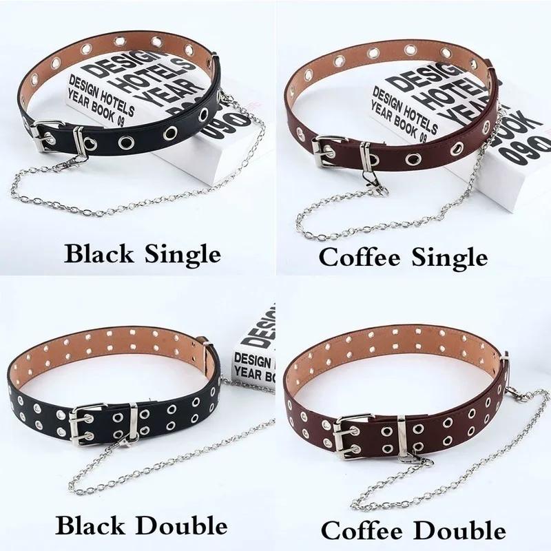 Women Punk Chain Fashion Belt Adjustable Double/Single Row Hole Eyelet Waistband with Eyelet Chain Decorative Belts